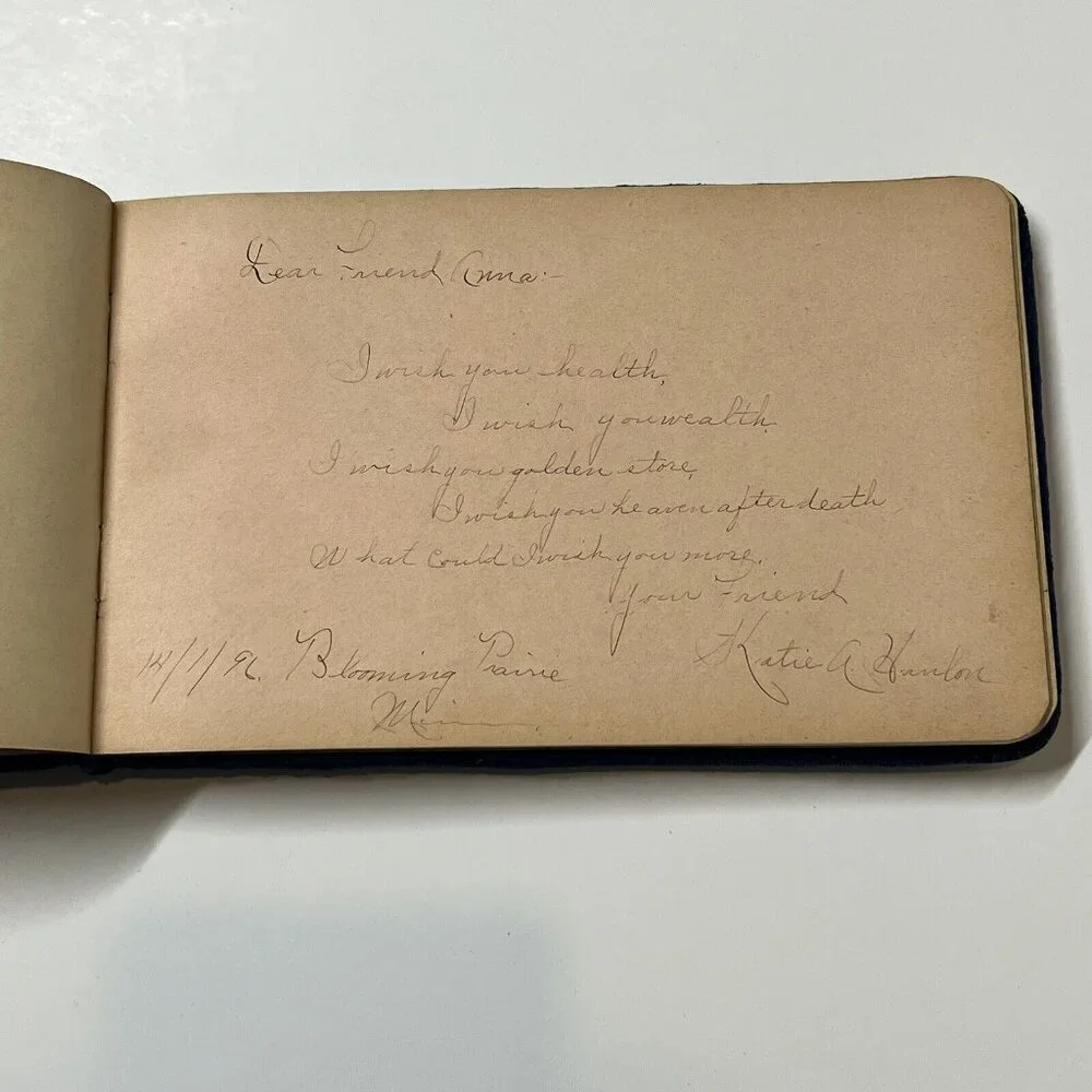 1880s Antique AUTOGRAPH ALBUM Blue Velvet Cover Anna J. Nelson Blooming Prairie